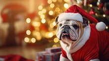 Cute Little Dog In Santa Claus Costume On New Year Background Closeup. Christmas Background, Card, Wallpaper For Desktop