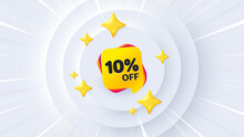 Sale 10 Percent Off Banner. Neumorphic Offer 3d Banner, Coupon. Discount Sticker Shape. Coupon Bubble Icon. Sale 10 Percent Promo Event Background. Sunburst Banner, Flyer Or Poster. Vector