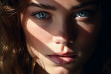 Extreme Close Up Of A Caucasian Woman With Striking Blue Eyes And Pouty Lips. Face Of Beautiful Caucasian Woman. Interplay Of Light And Shadow. Dramatic Composition. High Quality Photo