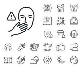 Poster - Hand warning sign. Place location, technology and smart speaker outline icons. Dont touch face line icon. Hygiene notification symbol. Dont touch line sign. Influencer, brand ambassador icon. Vector