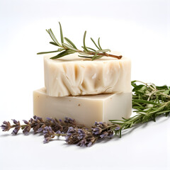 Goat Milk soap with dried lavender and rosemary herbs. Healthy living accessories for the bathroom and shower. Generative ai. 