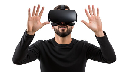 a 30-something caucasian man using a vr virtual reality headset isolated on a transparent background, generative ai