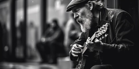 Wall Mural - Soulful Melodies: Candid Street Musician in Black and White, generative ai