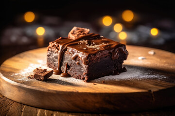 Chocolate brownie cake on rustic wooden table. Rich chocolate fudge with gooey center. Generative AI