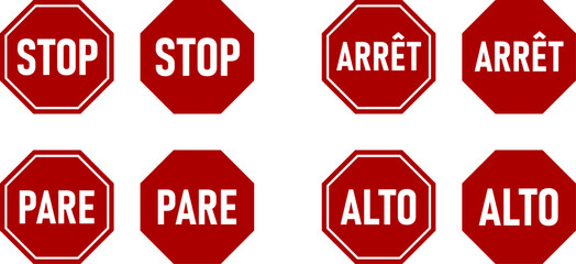 Poster - set of octagonal red and white stop sign icon in various languages including english, french, spanis