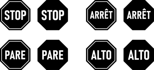 Poster - set of octagonal black and white stop sign icon in various languages including english, french, span