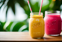 Refreshing Tropical Fruit Smoothie In A Mason Jar With A Straw