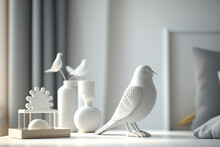 Modern Interior Design, White Tabletop Or Shelf With Minimalist Bird Ornament, Birdie Trinkets Over Hazy Contemporary Bedroom. Generative AI