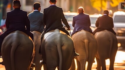 Metaphor of the difficulty of business. A businessman travels on business on an elephant.