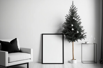 Wall Mural - Interior of a contemporary minimalist living room with a mockup frame and a Christmas tree, vertical. Generative AI