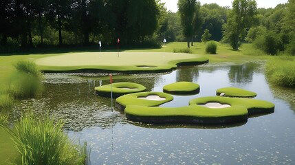 Wall Mural - Golf course with beautiful sky. Scenic panoramic view of golf fairway.