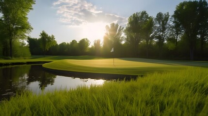 Wall Mural - Golf course with beautiful sky. Scenic panoramic view of golf fairway.