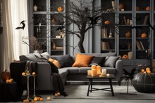 Modern Dark Interior Of Living Room Decorated For Halloween