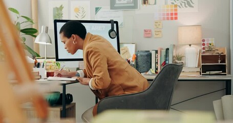 Poster - Planning ideas, remote work and black woman with a notebook for business, project inspiration or goals. Home, creative and African journalist writing notes about information, schedule or agenda