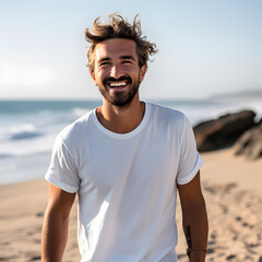 A Happy Man Wearing White T-Shirt on the Beach