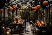Dark Dining Room Decorated In Halloween, Gothic Style