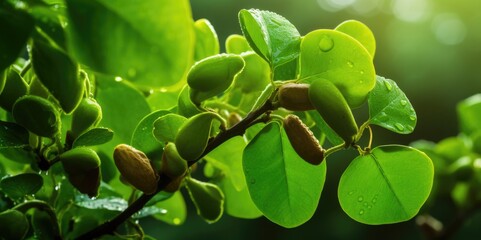 Sticker - Close-up of Cashew Plant with Dewy Morning Glow, generative ai