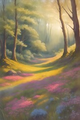 Wall Mural - Morning in the forest. AI generated illustration