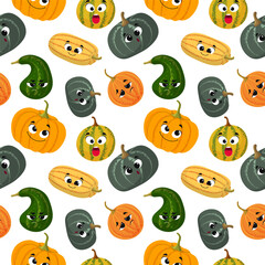 Canvas Print - Pumpkin seamless pattern. Pumpkins with faces harvest fall ornamental textile background, cartoon squash symbols eyes halloween backdrop design