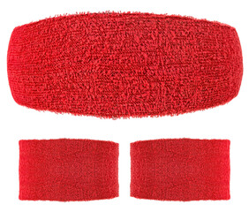 Red training headband and wristbands isolated on a white background. Sport equipment.