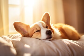 Wall Mural - corgi dog lies by the window in and sleeps in the sun