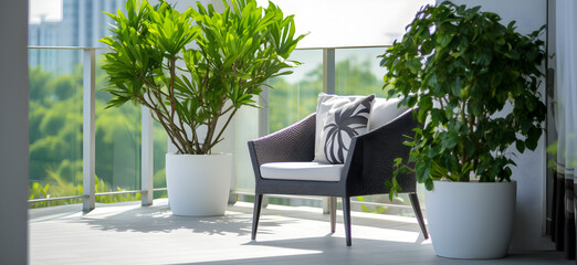 Modern balcony sitting area decorated with green plant