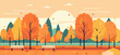 Autumn city park with orange trees and benches. Fall season with sun, clouds and bright leaves falling from trees. Landscape Vector flat banner or background illustration.