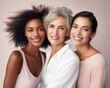 © Glittering Humanity - Beauty and unity, this diverse group of beautiful women of all skin tones and races together posing in the skin care ad campaign. A multiracial diverse group of women, inclusivity body positivity.