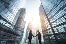 two businessmen shaking hands in front of skyscrapers with the sun shining through them stock images and royalty free stock photos