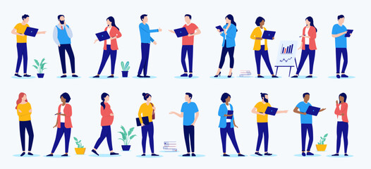 Poster - Group of office businesspeople collection - Set of diverse vector people standing in various poses using computers and doing work related tasks. Flat design illustration with white background 