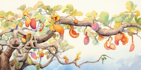 Wall Mural - Whimsical Cashew Tree in Soft Pastel Colors, generative ai