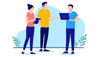 Fototapete - People work discussion - Vector illustration with office people in casual clothes talking with computer and device. Flat design with white background