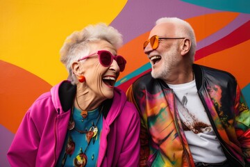 Wall Mural - Happy old couple in colorful clothes in front of a colorful background wall.