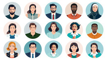 People Faces Avatars Vector Collection - Set Of Various Diverse Character Heads In Round Frames. Flat Design Illustrations With White Background
