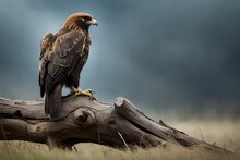 Red Tailed Hawk On The Branch With Dark Cloudy Sky