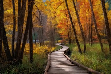 Wall Mural - a wooden walkway in the woods with fall foliages and yellow leaves on trees behind it photo by steve gardin