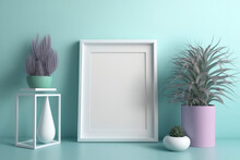 Using A Mockup Of A Picture Frame, Decorate A Modern Space. Spider Plant Cuttings In Water And Violets Are Displayed On A White Shelf Against A Pastel Turquoise Background. Generative AI