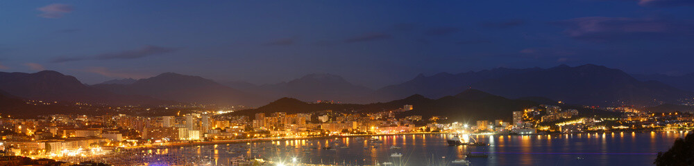Wall Mural - The houses of Ajaccio city and its marina at night , France, Corsica island.