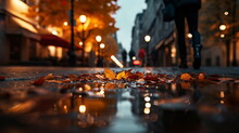 Autumn Yellow Leaves Fall On Wet Rainy Pavement In Evening City Blurred Light