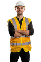 Confident construction Caucasian worker wearing uniform, cutout on transparent background, ready for architectural visualisation. PNG