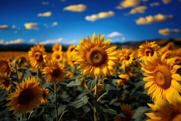  Sunflower field on a background of blue sky with white clouds.
