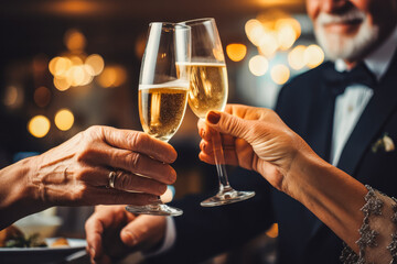 An elderly couple toasting glasses at dinner in restaurant