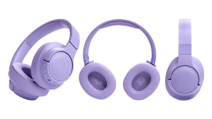 Wall Mural - Closeup of purple gaming headphones, isolated on white background.