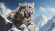 A snow leopard on the peak of a snowy mountain.