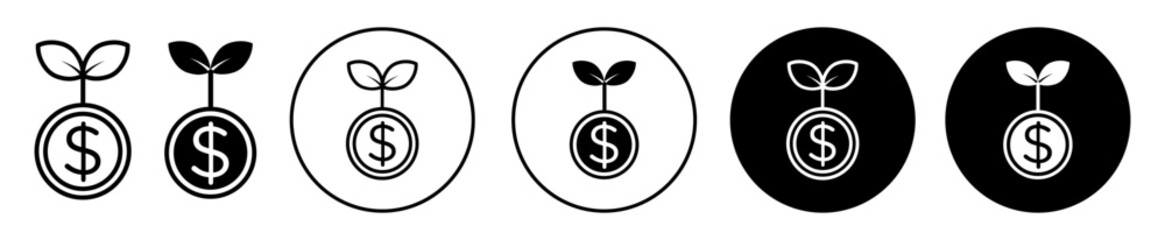 investment growth icon set. growing economic plant with dollar vector symbol. investment opportunity sign in black filled and outlined style.