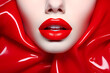 Woman's face with red lips framed by liquid red plastic.