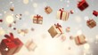 A lot of Falling gift boxes decorated with ribbon on blurred shiny background, flying gifts backdrops, great for Christmas season, reward event and shopping concept design.