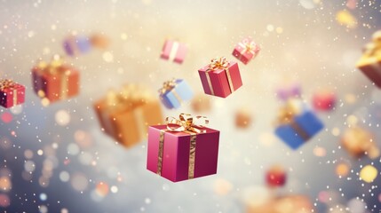 Wall Mural - A lot of Falling gift boxes decorated with ribbon on blurred shiny background, flying gifts backdrops, great for Christmas season, reward event and shopping concept design.