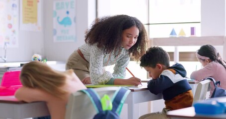 Aufkleber - Help, teacher and woman in a classroom, children and education with studying, lessons and knowledge. Person, educator and students writing, learning and kids with answers, explain test and advice