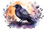 Cute full length happy raven in watercolor illustration 